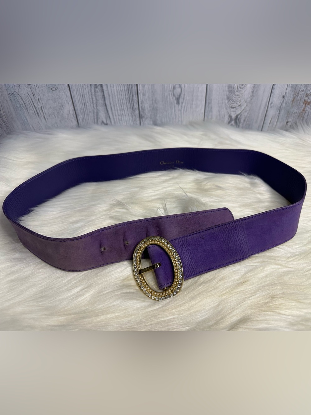 Dior Purple Leather Belt with Rhinestone Gold Oval Buckle